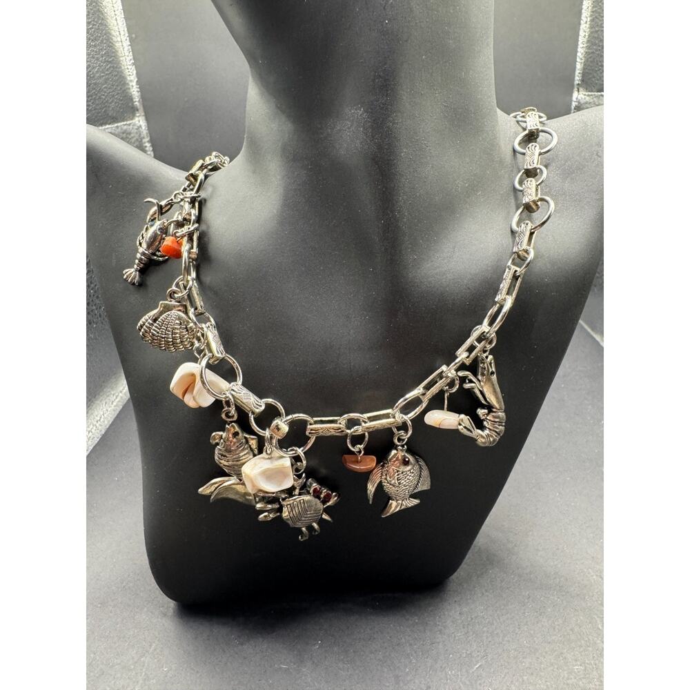 Vtg Silver Tone Chunky Link Necklace Sea Life Ocean Beach Animals Charms 20.5"